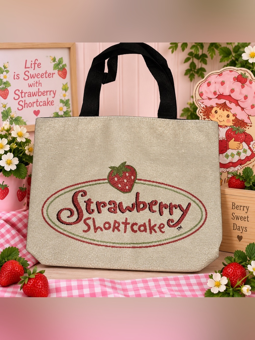 NIP Strawberry Shortcake Metallic Woven Tote Bag Shimmer Canvas Large Zippered